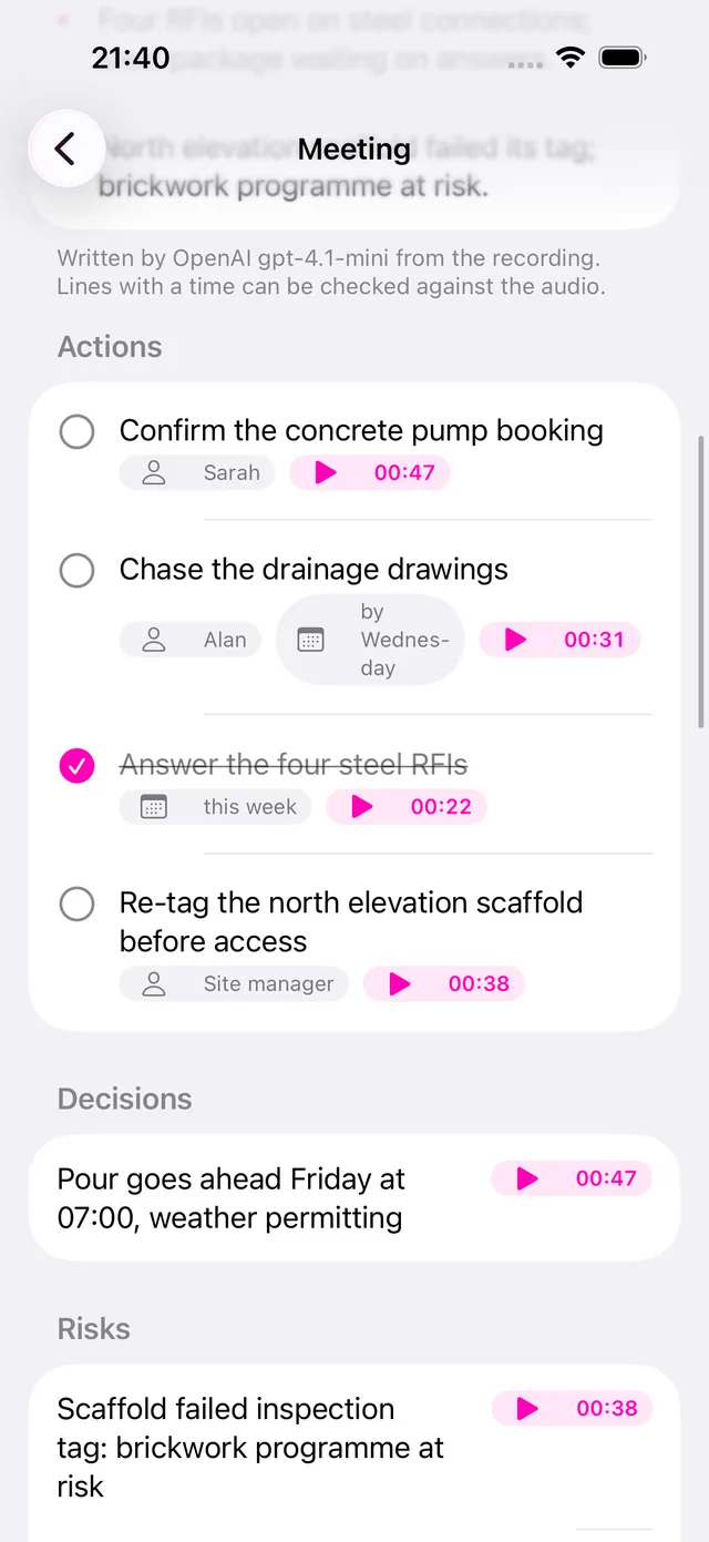 Actions with owners, due phrases and play buttons back to the audio