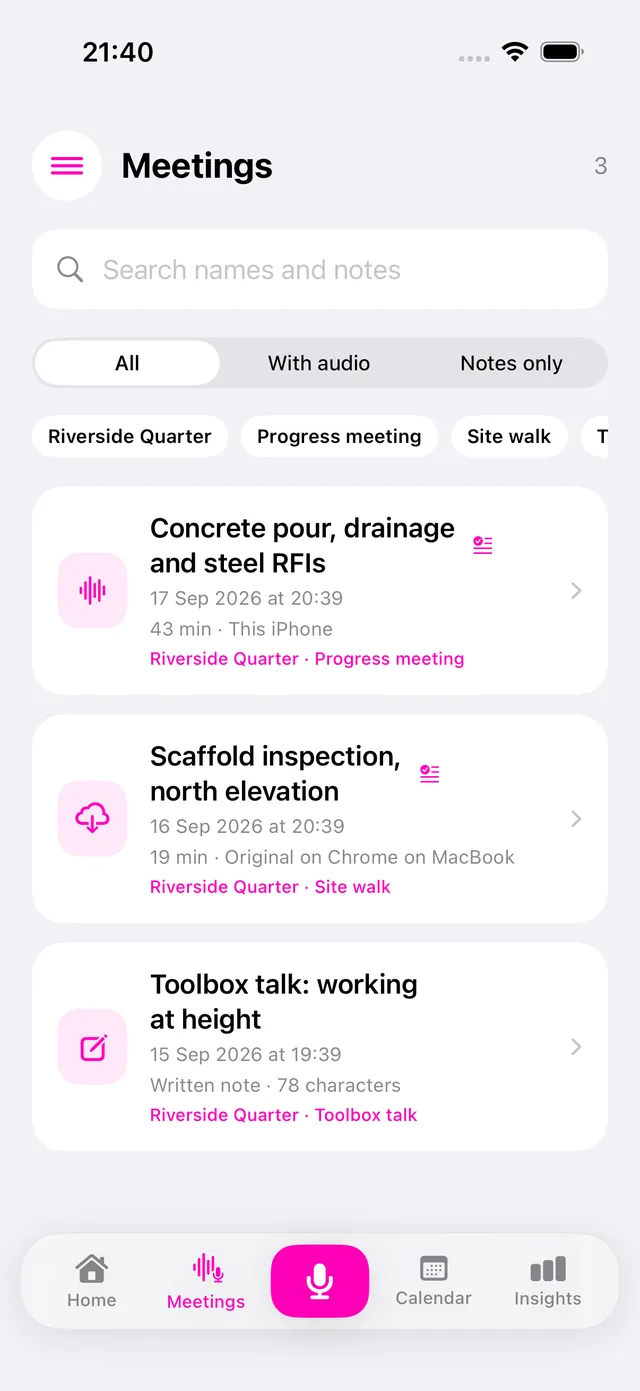 Meetings list with project tags and where each original lives